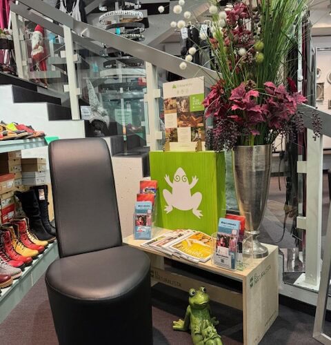 Ein Schuhgeschäft mit schwarzem Stuhl, grüner Froschfigur und Blumenarrangement vor einem Spiegel.