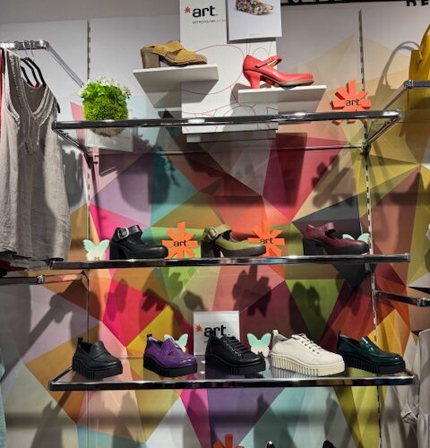 Ein Schuhregal mit bunten Schuhen, Pflanzen und geometrischem Wanddesign im Hintergrund.